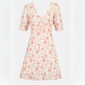 Tintoretto Linen Floral Dress White Pink Orange Short Sleeve V-Neck Size M